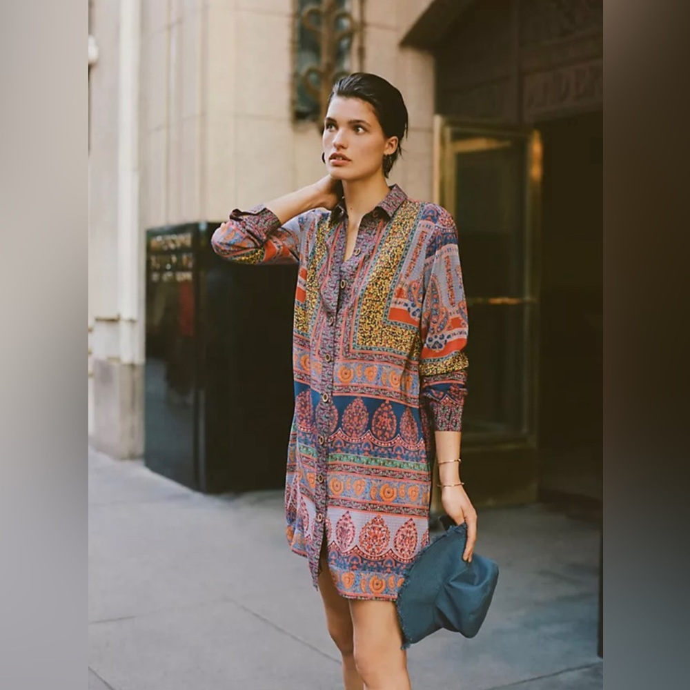 Anthropologie Maeve Casablanca Silk Patterned Shirt Dress, Size 12P, NWT